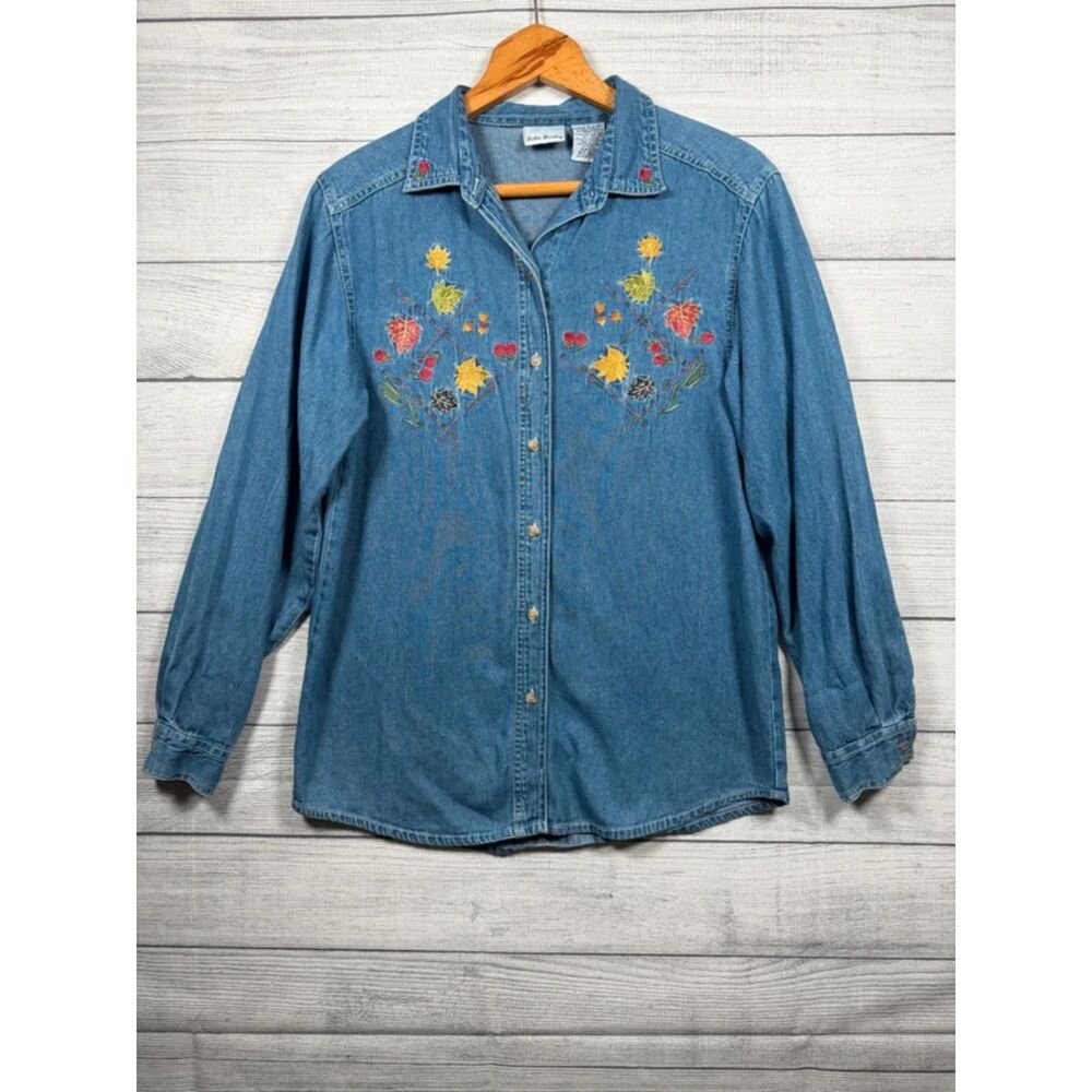 Vintage Bobbie Brooks Women's S 4/6 Denim Fall Leaf Embroidered Shirt 4370